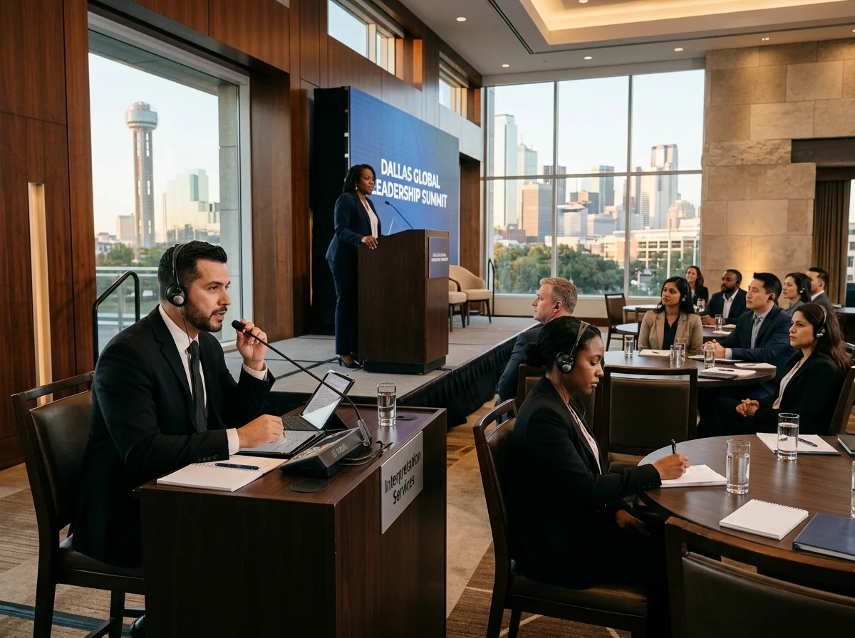 Professional conference interpreter providing simultaneous interpretation at Dallas DFW corporate event