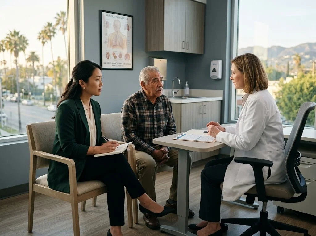 HIPAA-compliant medical interpreter supporting patient consultation at Los Angeles hospital