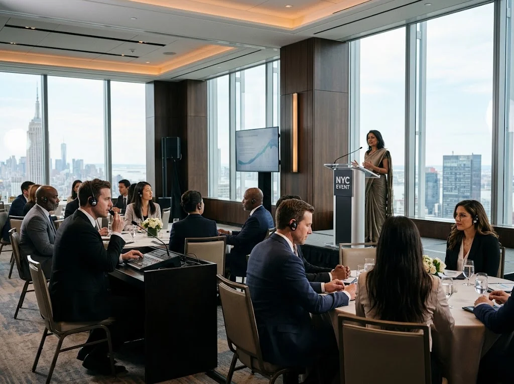 Professional conference interpreter providing simultaneous interpretation at New York corporate event