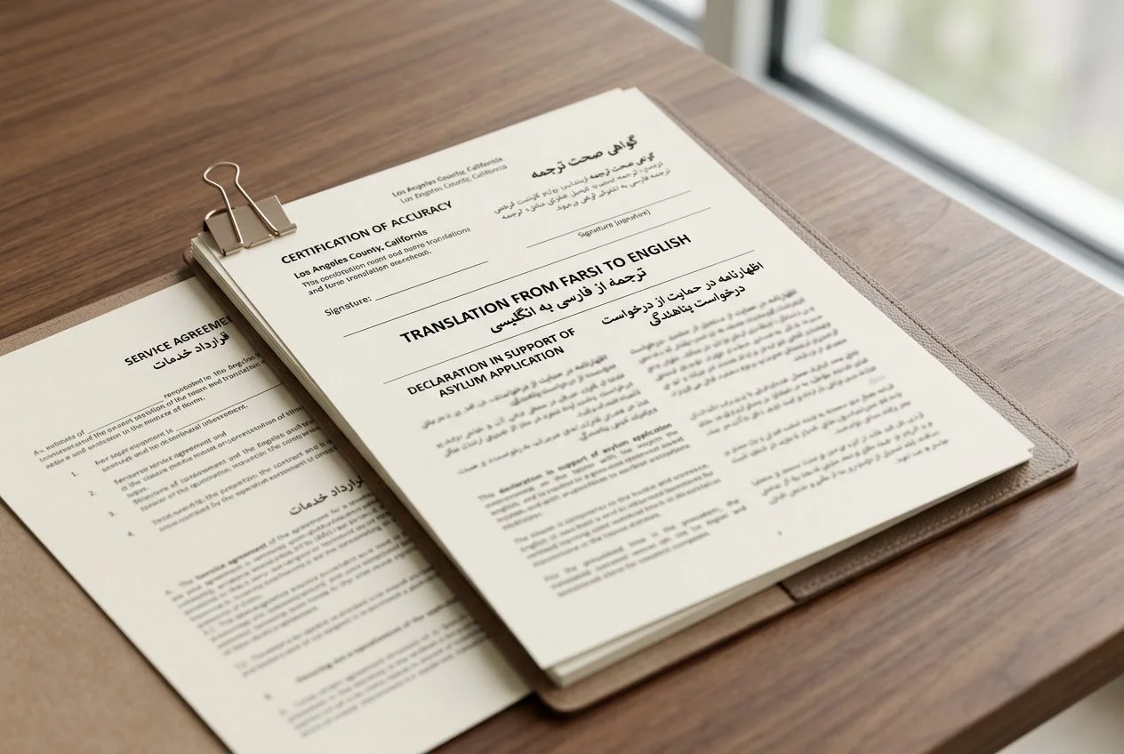 Certified Farsi (Persian) document translation services for Los Angeles asylum applications, immigration petitions, and Iranian-American business contracts