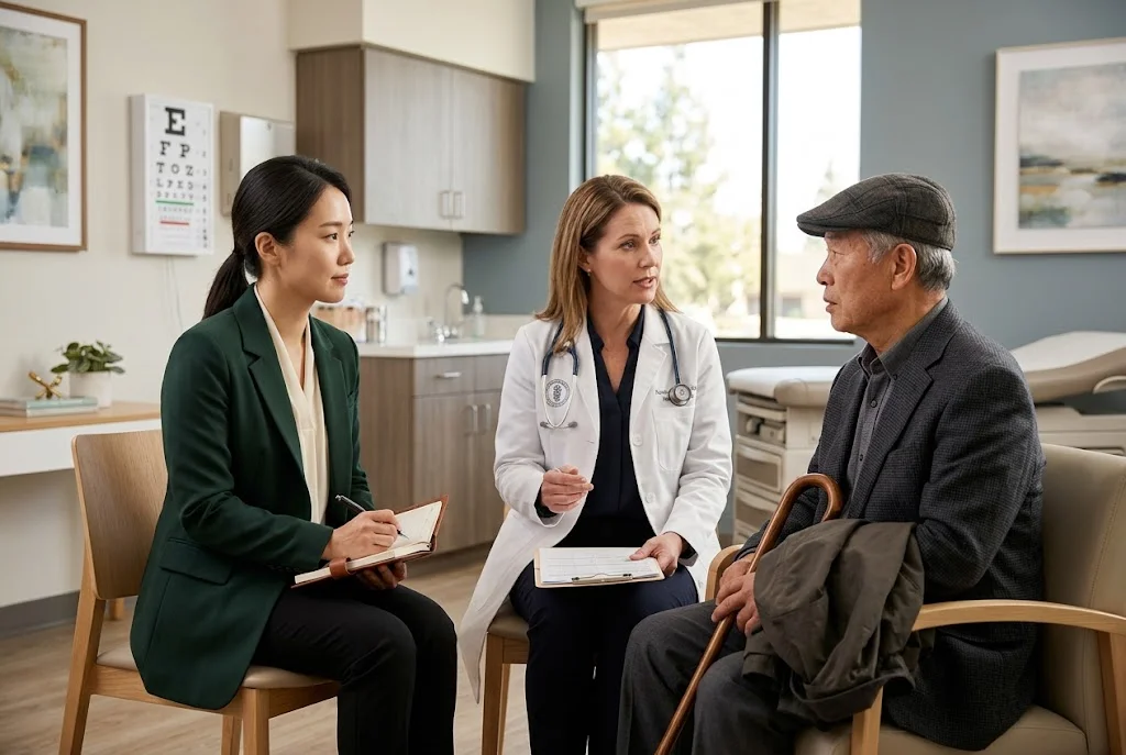 HIPAA-compliant Korean medical interpreter supporting patient consultation at Orange County Garden Grove community clinic