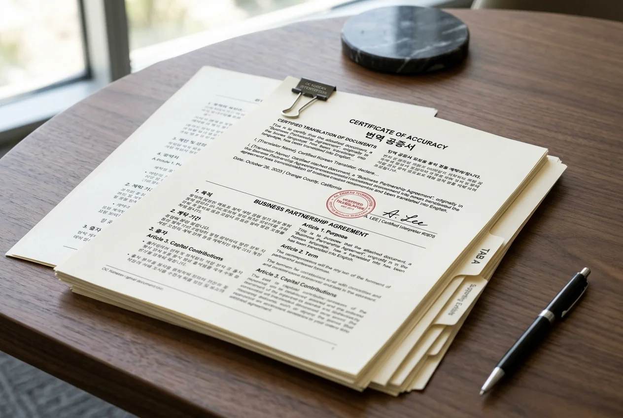 Certified Korean document translation services for Orange County business contracts, immigration documents, and corporate filings