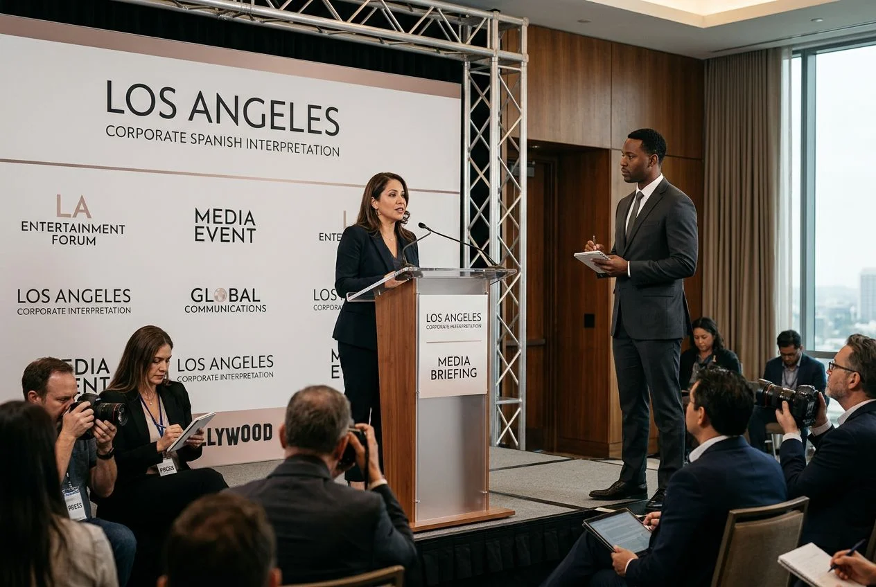 Professional Spanish corporate interpreter at Los Angeles entertainment industry negotiation and press event