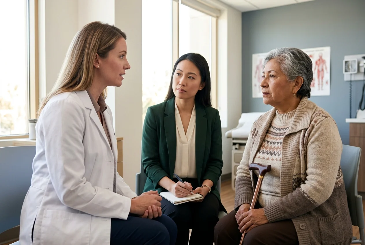 HIPAA-compliant Spanish medical interpreter supporting patient consultation at Orange County community health clinic