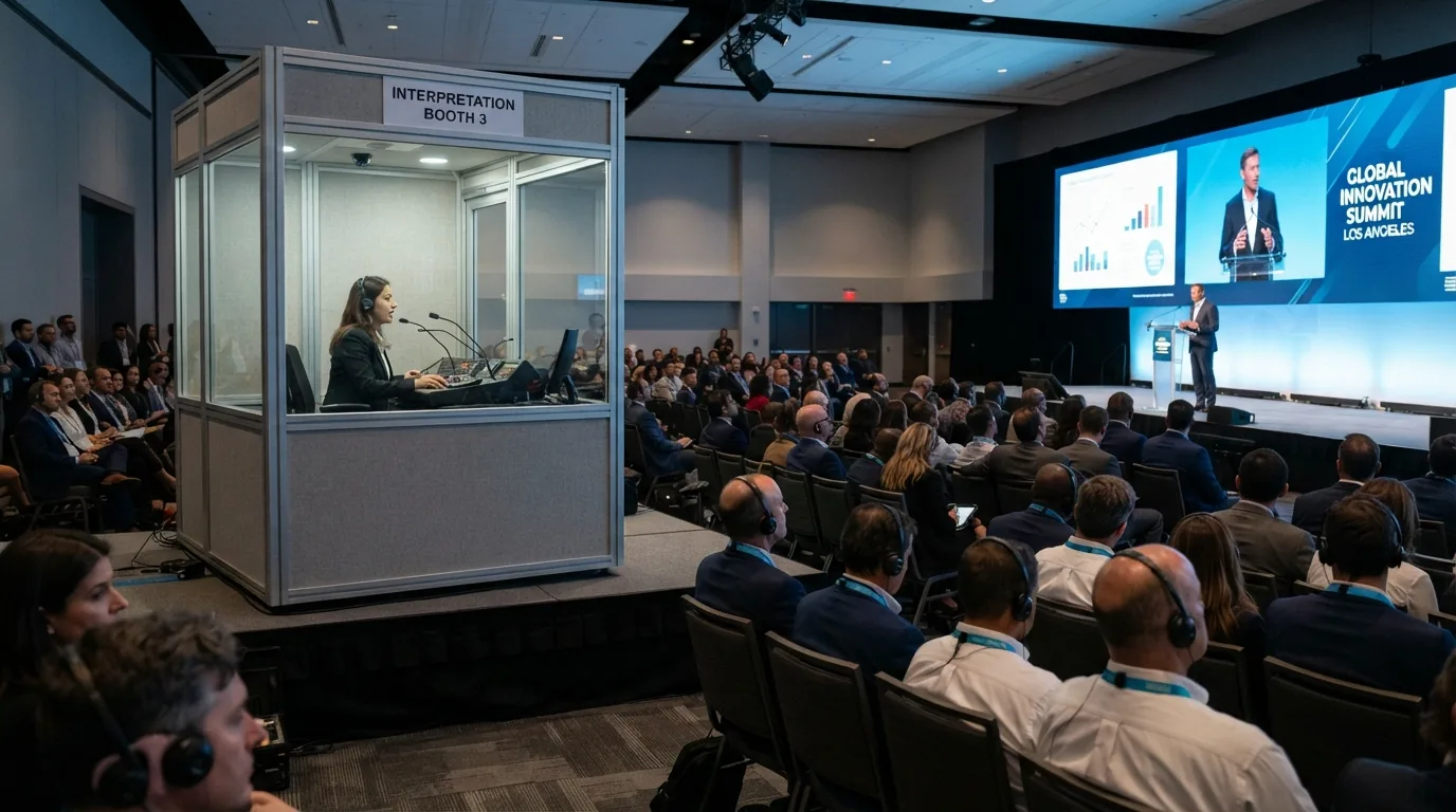 Interpreter working in a soundproof interpretation booth at a Los Angeles conference while delegates in the audience listen on wireless headsets