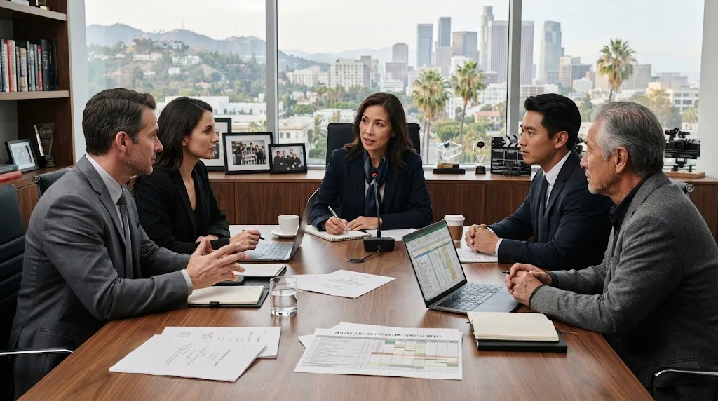 Interpreter at a film industry negotiation in a Los Angeles office, with a clapperboard and awards on the shelf and the Hollywood Hills through the window