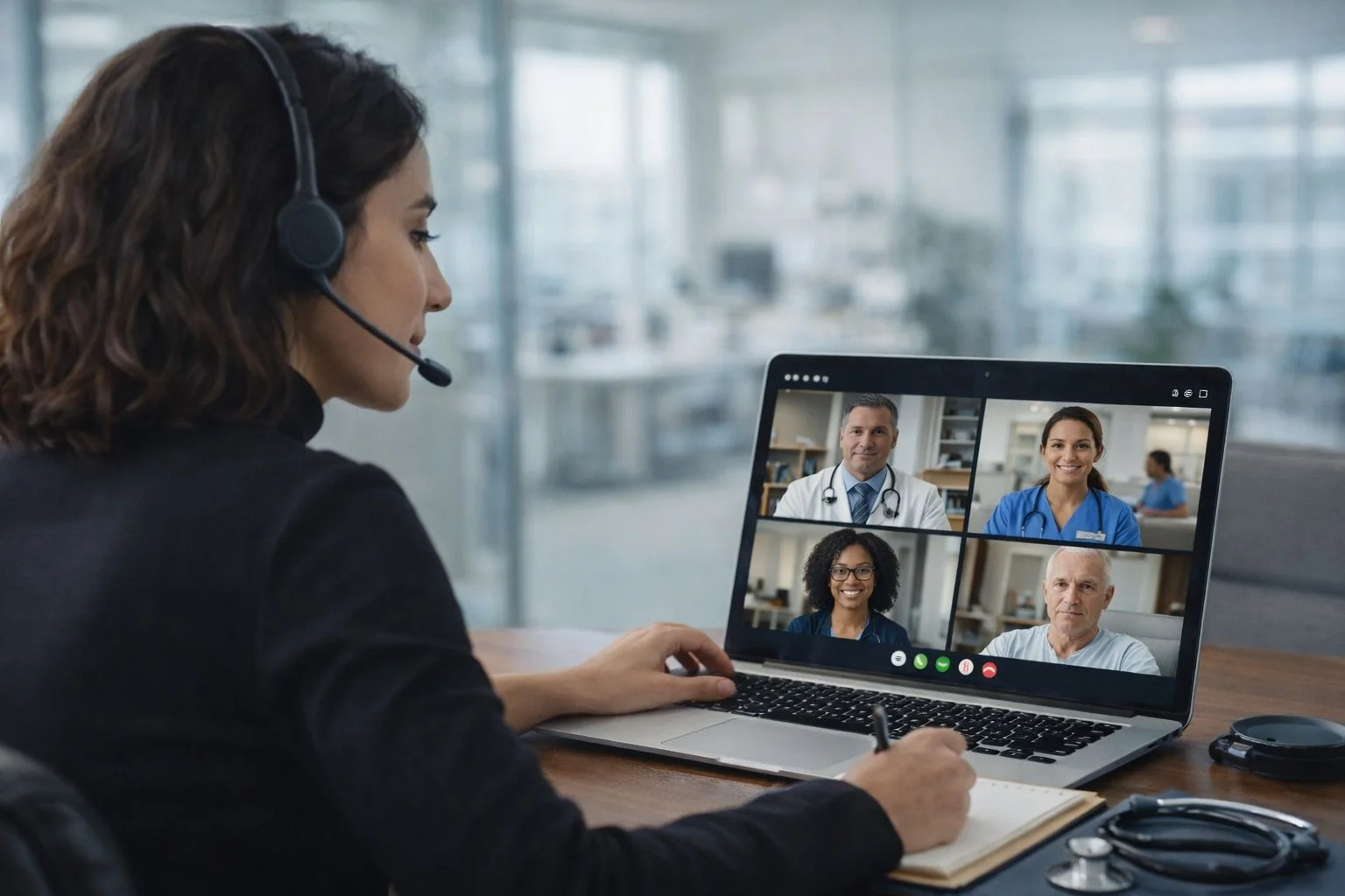 HIPAA-compliant interpreter assisting a telehealth medical consultation via secure video connection
